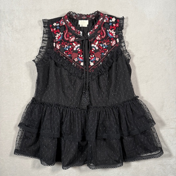 Kate Spade Blouse Womens Size Medium Black Camellia Embroidered Peplum Ruffle - Picture 1 of 13